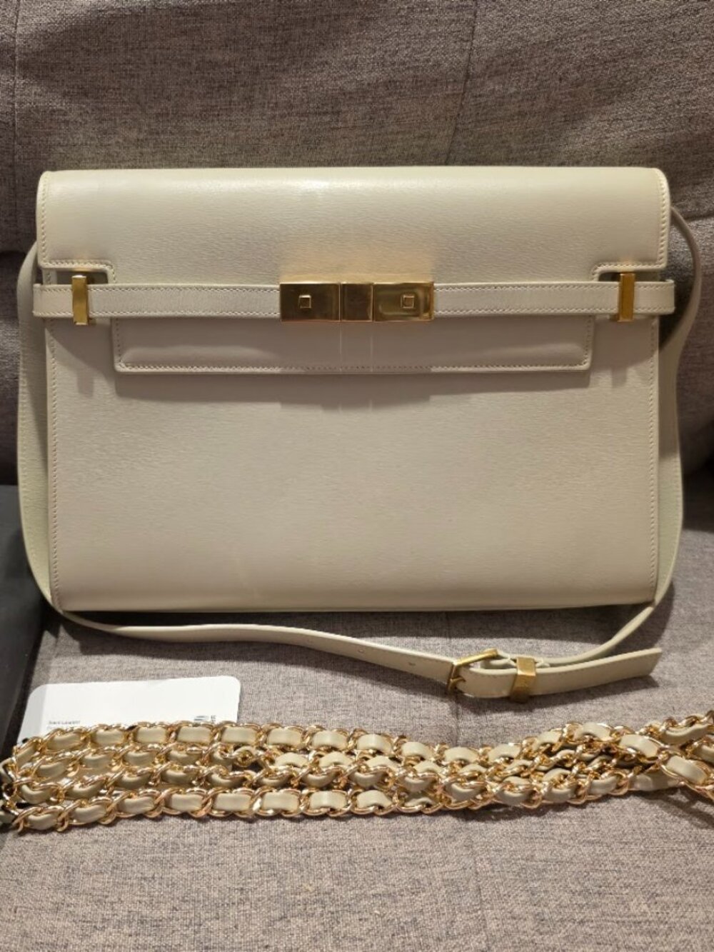 Saint Laurent Manhattan Leather Shoulder Bag - Medium - Crema | 2 Straps
